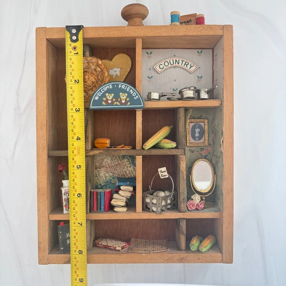 Vintage Wooden Shadow Box Miniature Country Kitchen Diorama Wall Hanging 8.5x7in